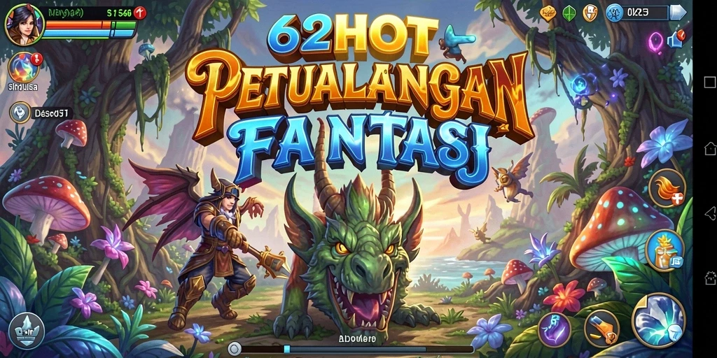 Screenshot utama menunjukkan gameplay dinamis di dunia fantasi 62HOT.