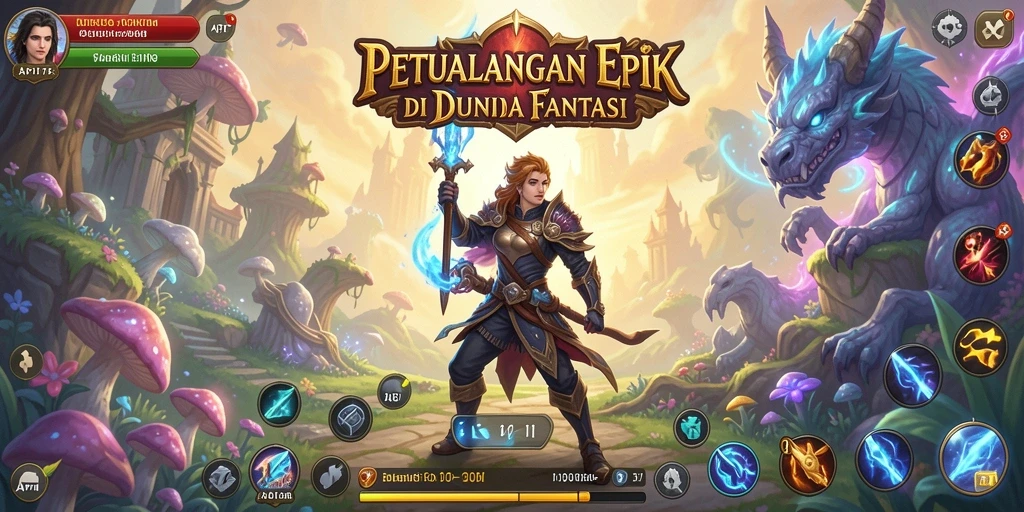 Screenshot utama menunjukkan pertarungan epik dalam dunia RPG.