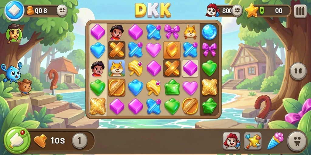 Tampilan screenshot DKK menunjukkan gameplay seru Match-3 yang penuh warna.
