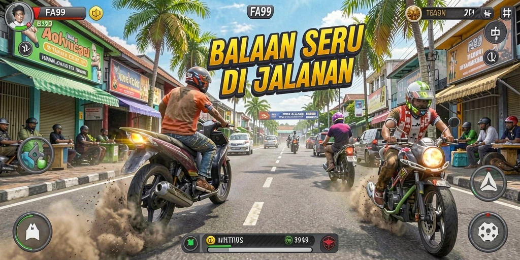 Screenshot gameplay FA99 menampilkan aksi balapan yang menegangkan.
