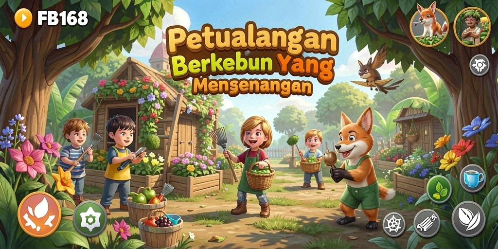 Tangkapan layar utama FB168 menampilkan aktivitas berkebun yang mengasyikkan.