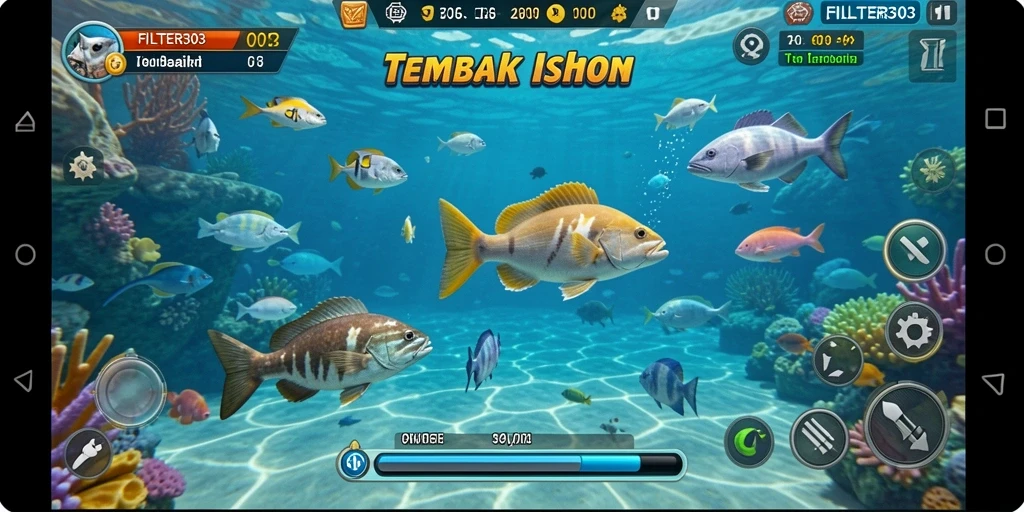 Screenshot utama FILTER303 menampilkan aksi seru menembak ikan.