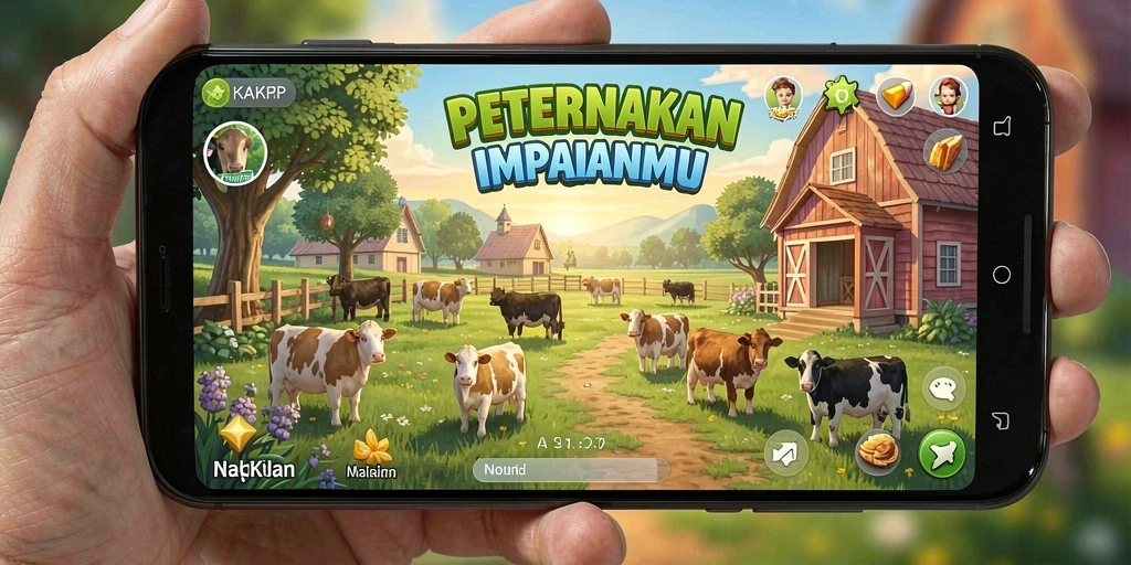 Screenshot gameplay KAKRP menampilkan pertanian yang kaya dan aktivitas peternakan.