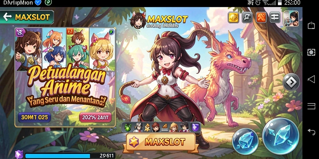 Tampilan gameplay seru dari MAXSLOT dengan karakter anime yang mengesankan.