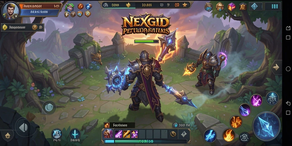 Screenshot utama NEXGID menampilkan pertarungan seru di dunia fantasi.