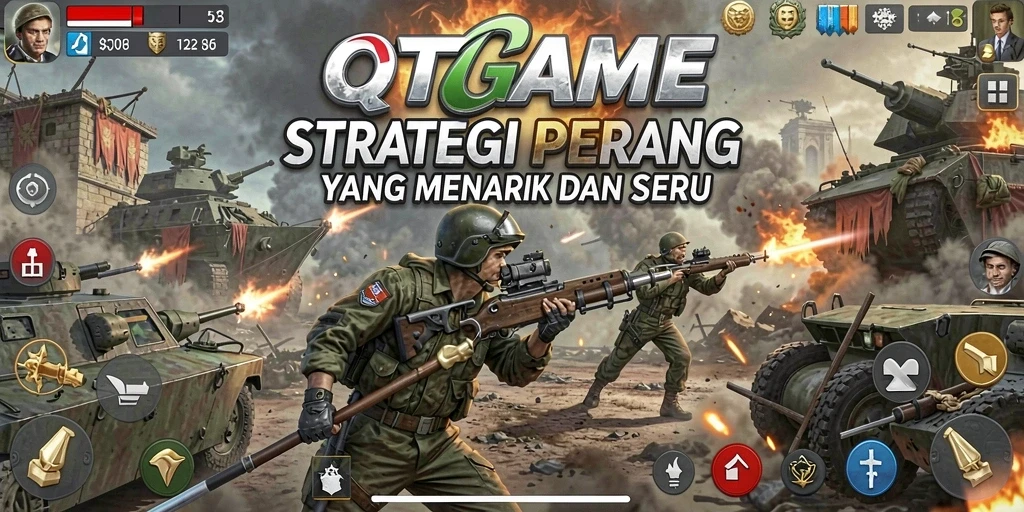 Tampilan menarik dari gameplay QTGAME dengan peperangan dan pembangunan kerajaan.