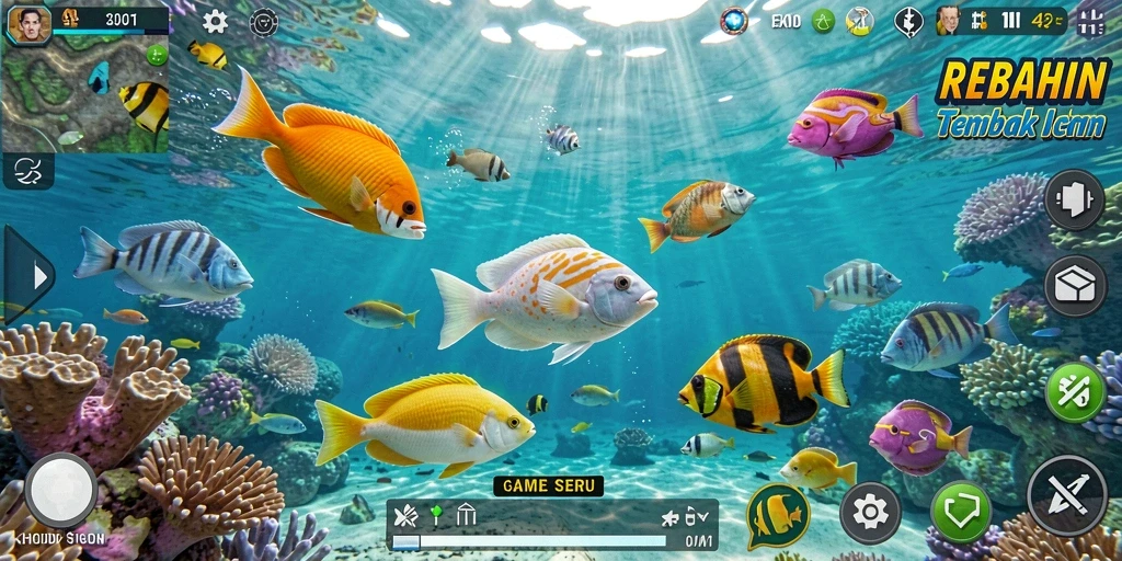 Gameplay seru dalam REBAHIN, menembak ikan dengan grafis memukau.