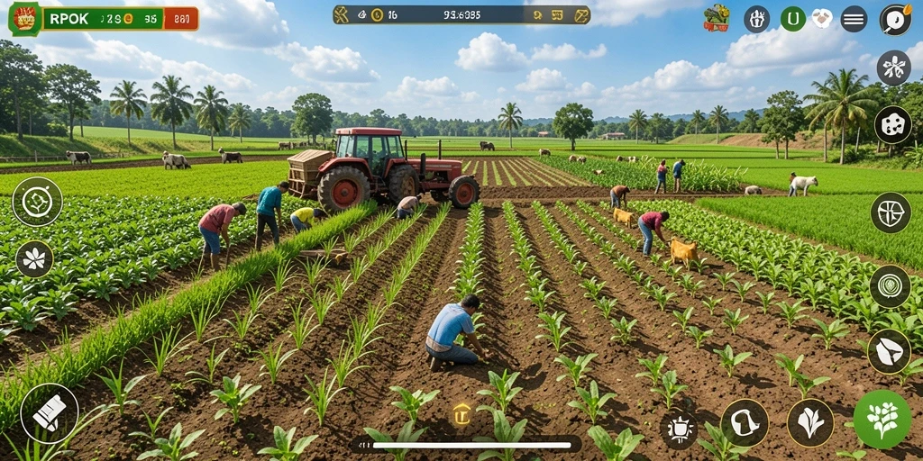 Tampilan gameplay seru dalam RPOK, menampilkan aktivitas pertanian yang menarik.