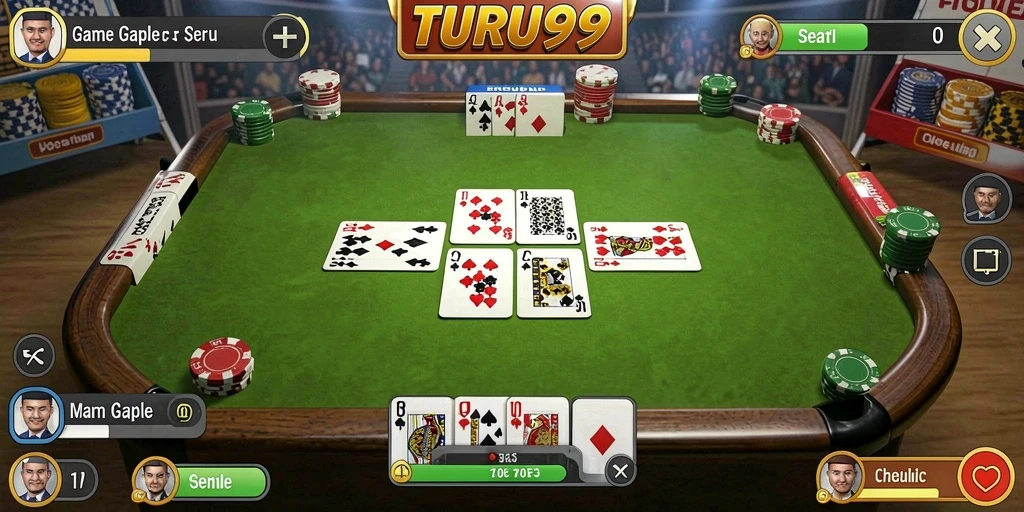 Screenshot utama TURU99 menunjukkan gameplay Gaple yang seru dan interaktif.