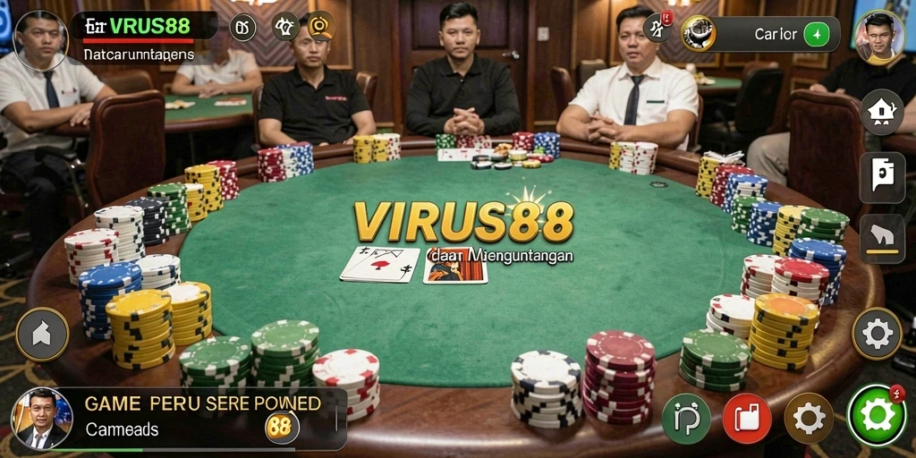 Screenshot gameplay VIRUS88 menunjukkan suasana meja poker yang seru.
